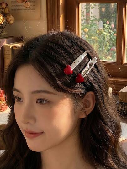 Joivida Heart Shaped Hair Clips (ABS Resin) - Red Heart & Polka Dot Hair Barrettes, Stylish Hair Accessories For Women/Girls, Thoughtful Gift For Friends & Family, Daily/Party Hair Decor Clips