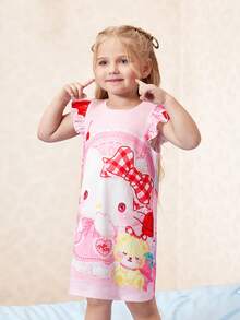 HELLO KITTY AND FRIENDS | SHEIN 1件装 少女休闲可爱猫咪印花荷叶边睡裙 - 彩色 - 查看 8