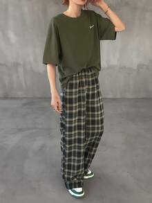 FRIFUL Women's Green Letter Print Short Sleeve T-Shirt And Plaid Loose Casual Pants 2-Piece Set - Green - View 2