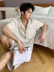 DAZY Men's Solid Color White Textured Fabric Short Sleeve Top And Pants Pajama Set, Spring/Summer - White - View 7