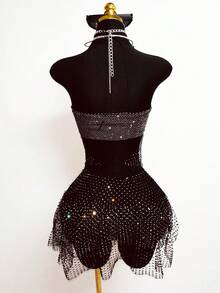 Jeanoix Women's Party Dress, Sparkling Fishnet & Rhinestone Material, Suitable For Bar, Party, Club Outfit - Black - View 2