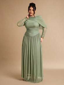 SHEIN BAE 大码女式咖啡棕色长袖网纱针织不对称连衣裙 - 薄荷綠 - 查看 3