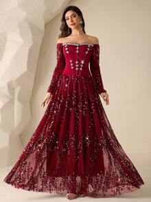 Coutiva 女士露肩正式晚礼服，饰有亮片边、网纱拼接和串珠下摆（装饰繁复） - 酒紅色 - 查看 3