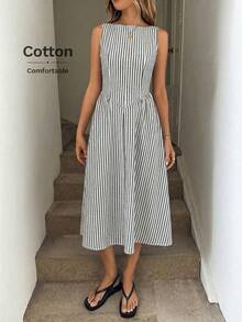 Easowa Robe mi-longue à taille froncée et coupe évasée, rayures bleues et blanches, sans manches. Décontractée, élégante pour les vacances, en coton respirant. - Noir et Blanc - Voir 3
