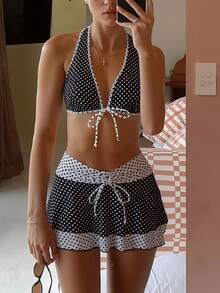 Swim Vcay 女士夏季新款度假风露背系带低腰褶皱蛋糕裙比基尼套装 - 黑與白 - 查看 1