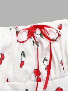 Girlism 少女白色和红色樱桃印花褶皱胸腰泡泡袖可爱短裙，度假款 - 白色 - 查看 5