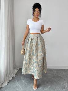 SHEIN Elenzya 女士提花褶裥休闲百搭日常穿搭半身裙 - 綠色 - 查看 4