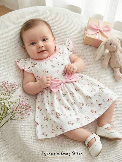 Cozy Pixies 新生女宝宝碎花撞色柔软针织无袖A字连衣裙，度假风