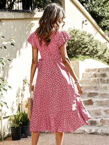 Breezaya Damen Kleid mit Polka Dot Muster, Wickelausschnitt und Flügelärmel - Pink - Übersicht 2