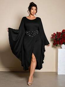 Cravure Elegant Plus Size Black Party Dress With Pearl Details Round Neck Batwing Long Sleeve Asymmetrical Hem Knee Length Bodycon Knitted Fabric - Black - View 7