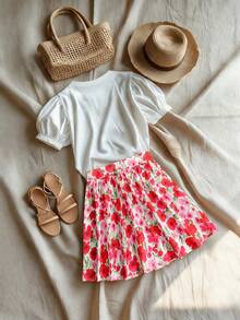 Franclia 女士夏季泡泡袖T恤和碎花半裙套装，法式复古休闲度假风高腰碎花迷你裙套装 - 白色 - 查看 2