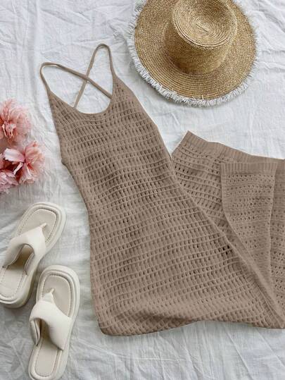 SHEIN Unity Vestido de punto con tirantes finos y diseño calado sexy de color liso para mujer, ideal para vacaciones