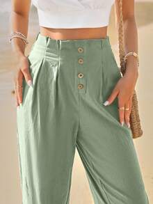 SHEIN Frenchy Women's Solid Colored Paper Bag Waist Pants Summer Vacation Pants Green Casual Christmas Holiday Resort - Mint Green - View 2