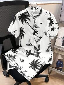 SHEIN 2件套男童休闲度假棕榈树印花衬衫短裤套装，适合通勤、上学、日常休闲、运动、春夏穿着。 - 彩色 - 查看 3