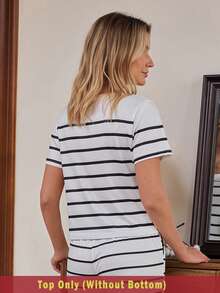 Doze Lane Women's Casual Sleepwear Top, Embroidered Heart Decor Black & White Striped Round Neck Shirt - White - View 3