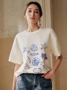 Anewsta Women's Vacation Ocean Element Print Loose Round Neck Short Sleeve T-Shirt - Apricot - View 7