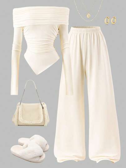 Sparklyn Teen Girl Solid Color Off-Shoulder Ruched Asymmetric Fitted Top And Draped Wide Leg Pants Snug Fit 2-Piece Set, French Elegant Office Commute Outfit Fall Winter