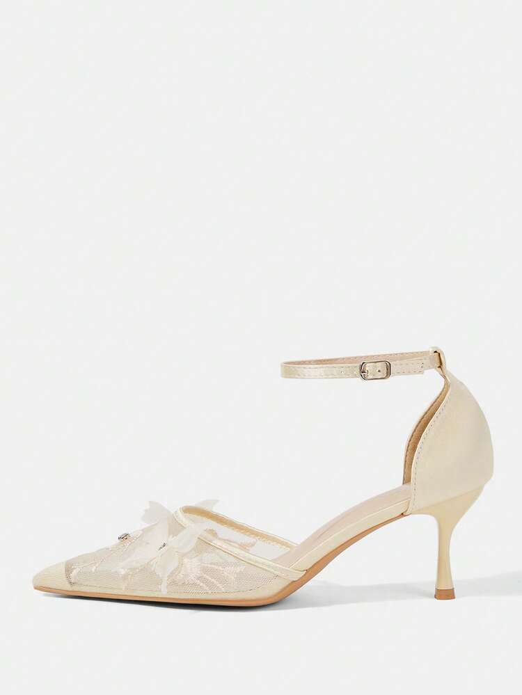 CUCCOO HITCHD Women Shoes Four Seasons New Embroidery Butterfly Type Flower Point Thin Heel High Heel Shoes Elegant Sexy Mesh Women's High Heel Shoes Rear Foot Wristband High Heel Shoes Sexy Elegant Fashion Wedding Valentine's Day Afternoon Tea Elegant Wear Valentine's Day Elegant Shoes Wedding Shoes