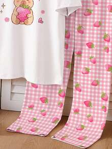 SHEIN Tween Girls 2pcs Pajama Set, Cute Cartoon Kapibarasan Print Top And Plaid Strawberry Print Pants, Short Sleeve And Long Pants Sleepwear Girls Capybara Pajamas - Pink - View 5