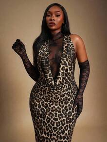 Radiana Women's Multicolor Plus Size Leopard Print Sleeveless Knitted Fabric Bodycon Maxi Dress With Stand Collar - Multicolor - View 2