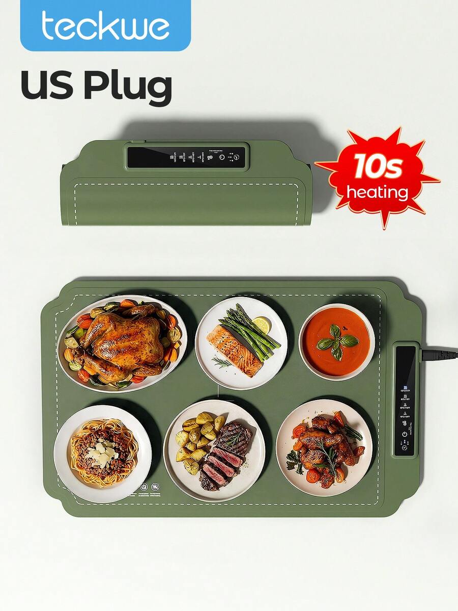 Teckwe 电加热砧板食物保温盘 | 带耐热垫的食物保温垫，10秒快速加热，24x15英寸，5档温度，4个定时器，儿童锁，自助餐食物保温器 - 美规插头 - 美規A型插(110-127V) - 查看 1