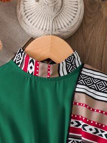 SHEIN 女婴春秋季新款黑色泡泡袖印花披肩领连衣裙，优雅休闲/假日连衣裙 - 綠色 - 查看 7