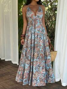 Sunnyshic Rochie de damă casual la modă, de zi cu zi, cu imprimeu boem, cu imprimeu paisley, cu nod halter și fundă, cu tiv cu volane, primăvară/vară - Multicolor - Vizualizare 3