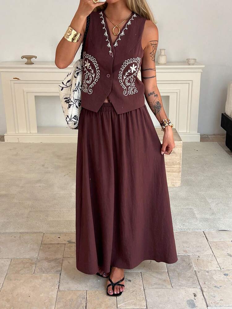 Spring & Summer Casual Vacation Sleeveless Shirt Top And Skirt Set, Retro Pattern Decor, 2pcs Women Outfit