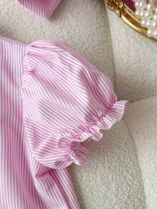 SHEIN 2件套女童彩色蝴蝶结泡泡袖白衬衫+紫色宽松阔腿裤，休闲日常及度假穿着，夏季 - 粉色 - 查看 5