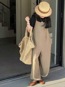 DAZY 少女休闲纯色圆领短袖T恤和宽松连体裤套装，夏季 - 黑色 - 查看 3