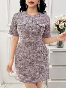 DAZY Women's Elegant Round Neck Textured Faux Pocket Midi Dress, Summer Wedding Guest Dress Sundress - Pink - View 3