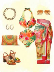Swim Oasis Costum de baie dintr-o singură piesă, cu imprimeu floral tropical și leopard, portocaliu, model hawaian, cu halter, și fustă sarong - Multicolor - Vizualizare 3