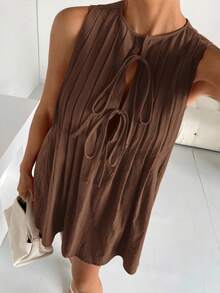 Siren Gaze Váy ngắn không tay cổ xếp ly màu trơn thanh lịch cho nữ Váy ngắn nữ mùa hè Quần áo mùa hè cho nữ Váy công sở mùa hè Quần áo mùa hè cho nữ Váy chống nắng cỡ lớn cho nữ Váy nâu Váy chống nắng màu nâu cho nữ Váy nâu cà phê Váy mùa hè màu nâu Váy buộc phía trước cho nữ Váy buộc phía trước màu nâu - Cà phê nâu - Xem 2