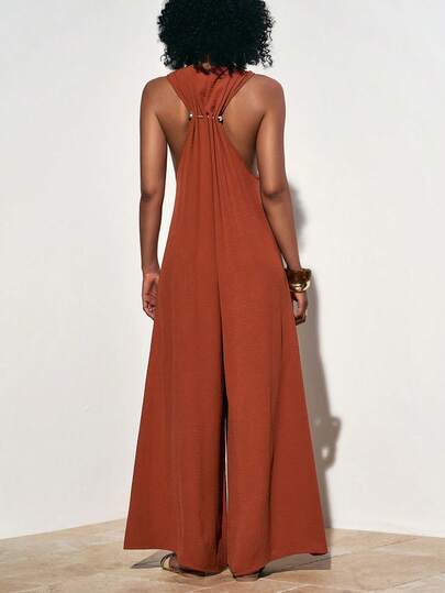Zivah 2026 Spring/Summer New Casual Resort Boho Yellow-Brown Loose-Fitting Round Neck Sleeveless, With Pleated Metal Embellishments On The Back Women Jumpsuit .Suitable For Everyday Outings, Party, Travel, Parties, Boho , Beach, Airport Outfits, Brunch Outfits, Festivals, And Wedding Guest Attire-,Vacation,Western, Nomadic Style, Rust Brown Jumpsuit, Open Back Summer Jumpsuit-A