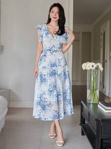 DAZY Ensemble 2 pièces femme, top à col V et volants floraux élégants et jupe. Tenue bohème d'été pour vacances - Bleu azur - Voir 5