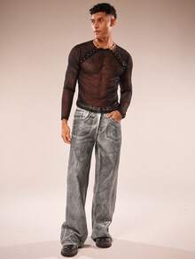 FeverCity 男士时尚性感透视网眼金属孔眼长袖T恤 - 黑色 - 查看 6