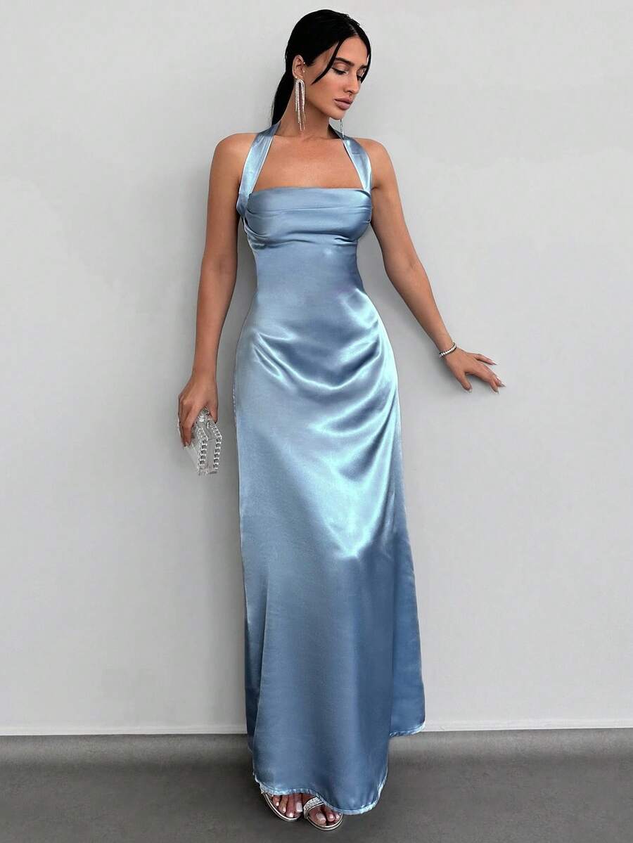 EURMUSE Women's Elegant Backless Halter Dress, Solid Color, Suitable For Party - Blue - View 1