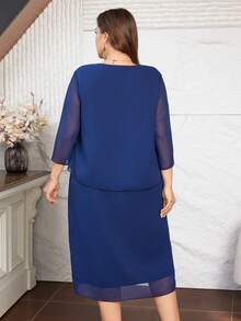 Lacomfia Robe élégante à col rond, manches 3/4 en mousseline de soie avec décoration de strass, grande taille, convient pour toutes les occasions au printemps et en été - Bleu marine - Voir 2
