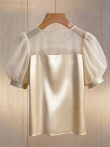 Franclia 女士优雅拼接衬衫，缎面衬衫，透视网纱衬衫，短袖衬衫，百搭办公衬衫，春夏款 - 杏色 - 查看 2