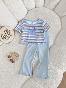 SHEIN 女婴可爱夏季休闲蓝色碎花条纹短袖T恤和裤子套装 - 紫色 - 查看 6