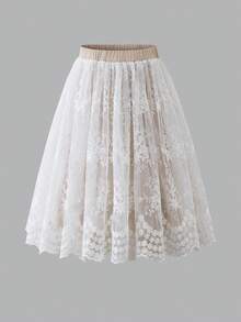 Tween Girls' Summer Vacation Contrast Lace Elastic Waist Skirt - Apricot - View 1