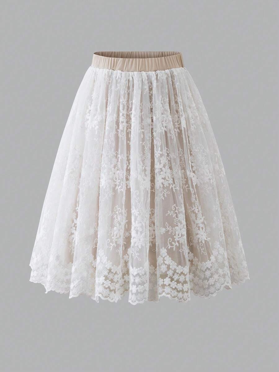 Tween Girls' Summer Vacation Contrast Lace Elastic Waist Skirt - Apricot - View 1