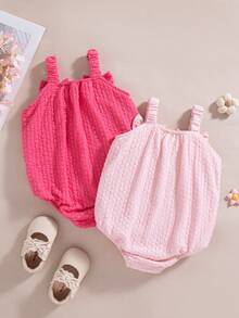 SHEIN Playful Pals 2pcs/Set Baby Girls' Casual Elegant Cute 3D Floral Embroidered Strap Romper, Spring/Summer - Pink - View 2