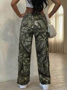 Slaydiva 女士树枝图案阔腿宽松休闲牛仔裤 - 彩色 - 查看 2