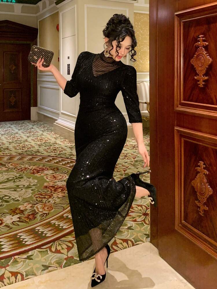 Women's Sequin Mesh Patchwork Faux Pearl Decor Fitted Waist Mermaid Dress, Elegant Sparkly Dress Sundress