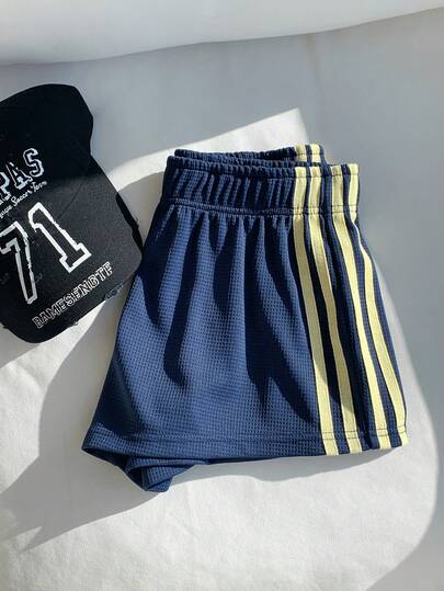 Comfortcana 大码休闲运动风复古学院风华夫格针织运动裤，侧边饰带短裤