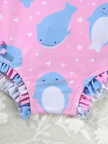 2件装新生女婴可爱小鱼图案针织长袖连帽连体衣，饰有荷叶边和蝴蝶结，适合泳装、沙滩、泳池、夏季度假穿着 - 彩色 - 查看 6