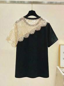 EMERY ROSE Plus Size Women Lace Patchwork Casual T-Shirt, Commuting & Leisure Wear - Multicolor - View 2