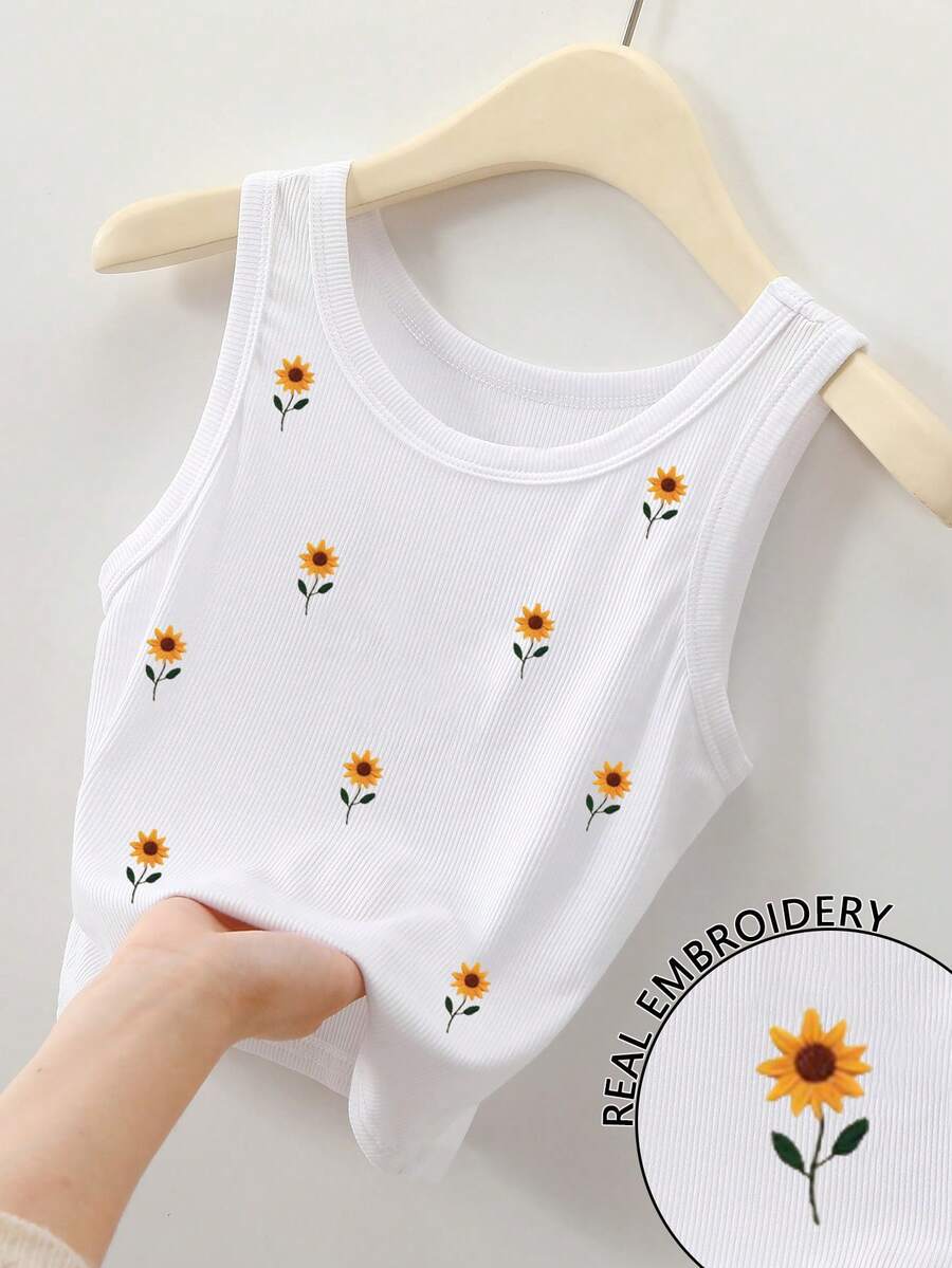 Resyla Daisy Embroidered Women's Round Neck Cropped Tank Top - White - View 1