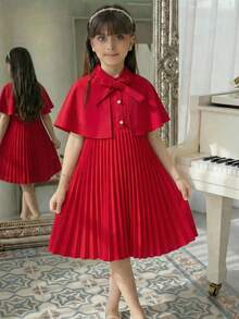 SHEIN Vestido elegante de niña con capa de vuelo con detalle de lazo y bajo plisado de unicolor - Rosa Fucsia - Ver 4
